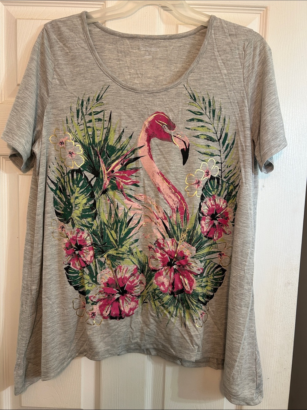 Kim Rogers Gray Tee with Pink Flamingo & Tropical Bloom